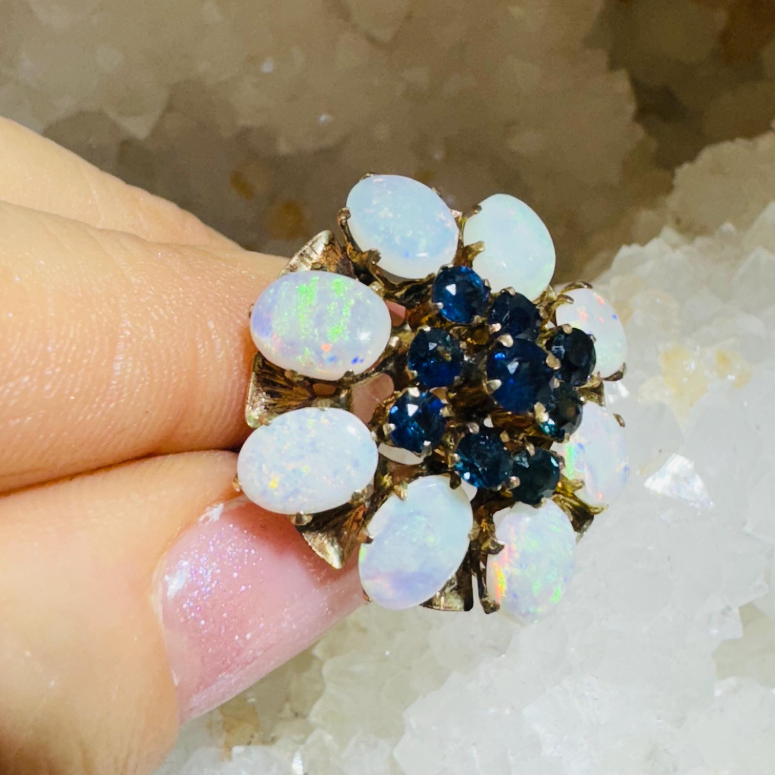 Natural Opal and Blue Sapphire Siamese Princess Cluster Large Cocktail Ring Size 5.5