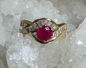 Solid 14K Yellow Gold Channel Set Baguette Diamond and Natural Round Ruby Ring Size 6.75