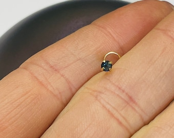 May include: A gold nose ring with a dark blue gemstone.