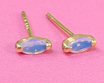 Glowing! Solid 14K Yellow Gold 4x2mm Small Opalite Shimmery Stud Earring Pair