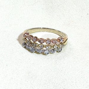 Solid 14K Tri Tone Gold Natural Diamond 3 Row Ring Size 7.75