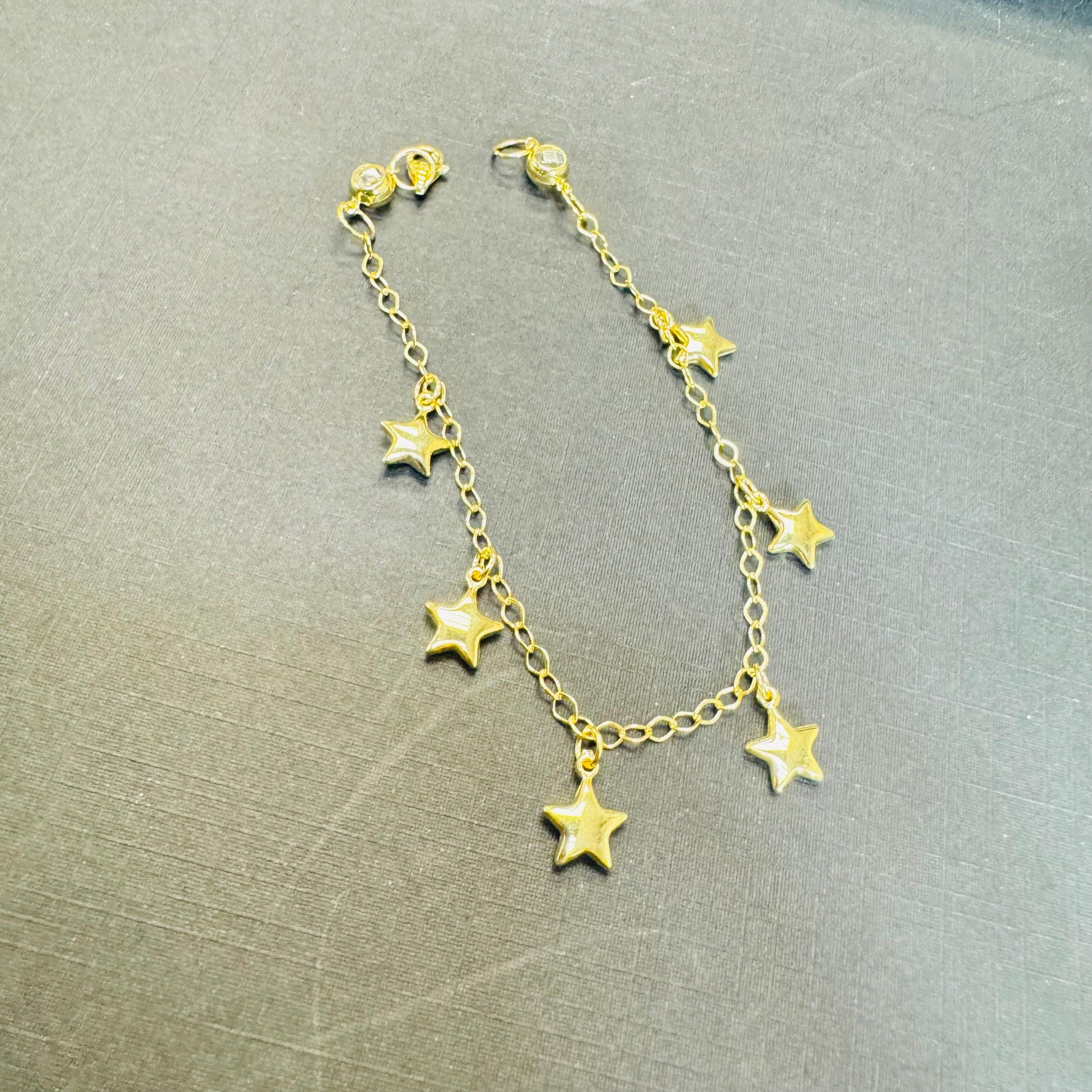 10K Yellow Gold Dangling Puffy Star Charm Bracelet 6.75-7