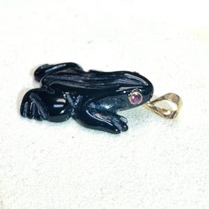May include: A black frog pendant with a gold bail. The frog has a small, round, red gemstone eye. The pendant is likely made of carved stone or a similar material. The frog is in a resting position.