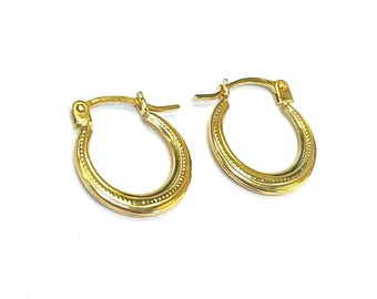 Solid 10K Yellow Gold 1/2&quot; 12mm Small Size Textured Tapered Hoop Earrings