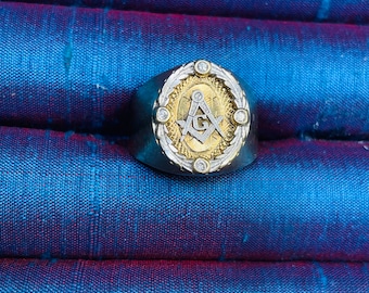 Antique Signet Mason Ring with White and Yellow Gold and Diamond Mens