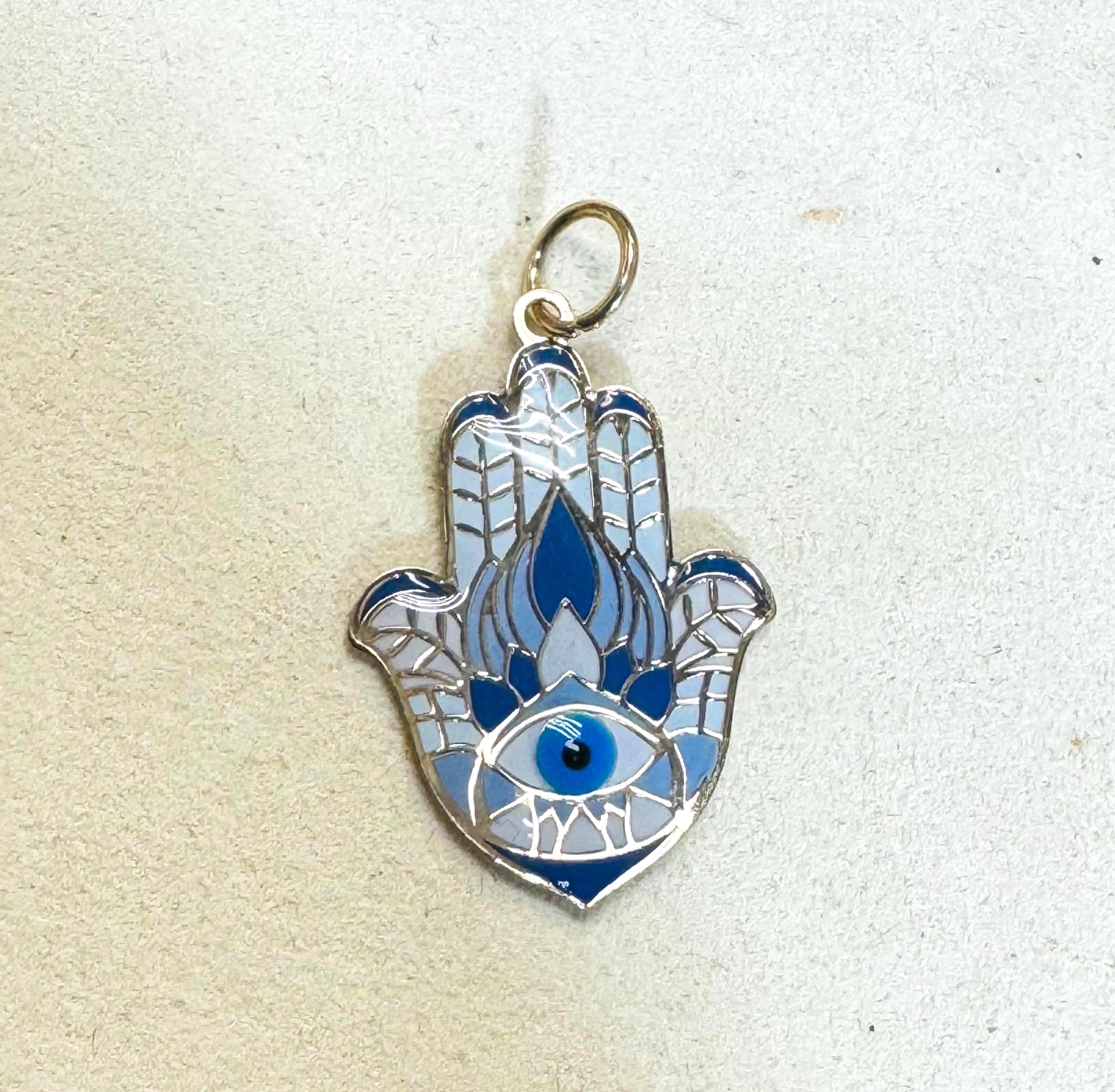 Solid 10K Yellow Gold Enamel Evil Eye Hamsa Charm Pendant 1.1"