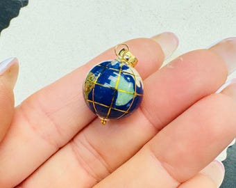 14K Yellow Gold Natural Lapis Stone Inlay Globe Earth World Sphere Pendant Charm 15mm ma Michael Anthony