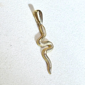 May include: A gold-colored pendant in the shape of a snake. The snake pendant has a textured surface and a loop at the top for a chain. The snake is in a curved, winding position.