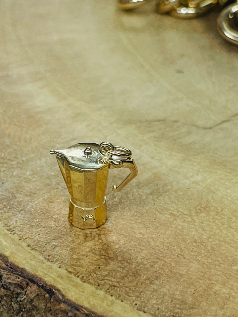 Cutest Mini Solid 14K Yellow Gold Cafecito Espresso Coffee Maker Charm Pendant Mechanical image 4