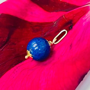 Natural 9mm Blue Lapis Bead Charm in Solid 14K Yellow Gold