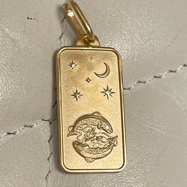 Solid 14K Yellow Gold Pisces Astrology Zodiac Charm Rectangle Tag Shaped Pendant