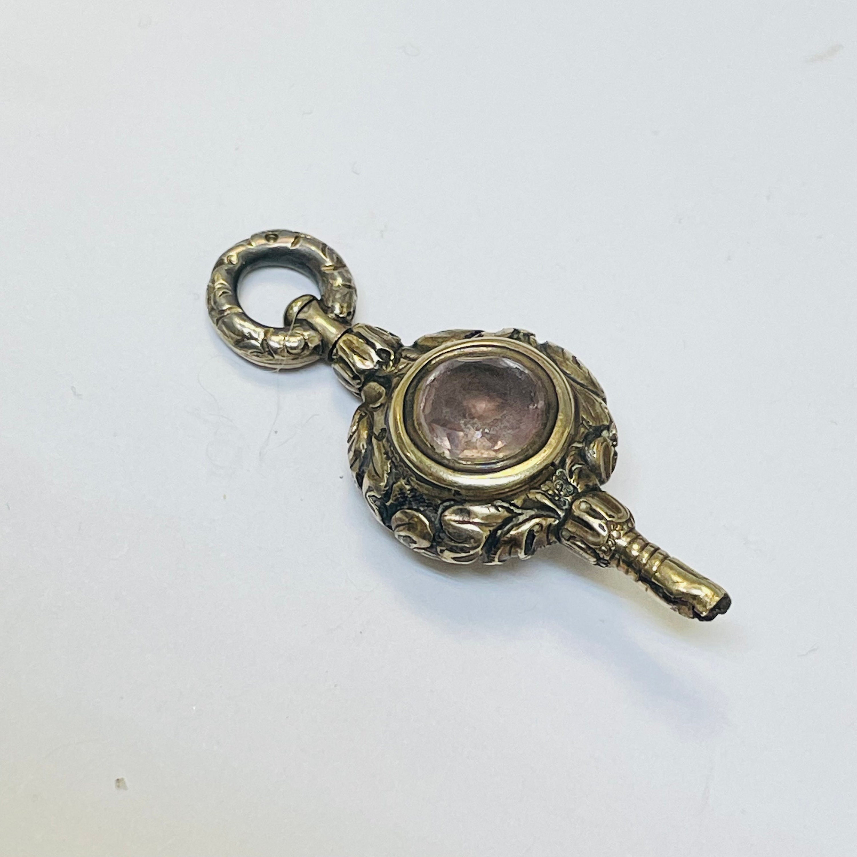 Ornate Antique Victorian Watch Key Fob Pendant Two Sided Stone 1.75