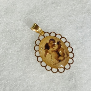 Sweet Two Angel Cherubs Solid 14 Yellow Gold Religious Charm Pendant