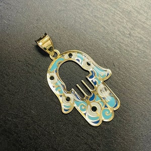 Colgante con dije de Hamsa de esmalte azul de oro amarillo macizo de 14 quilates, 1,1 x 65 pulgadas