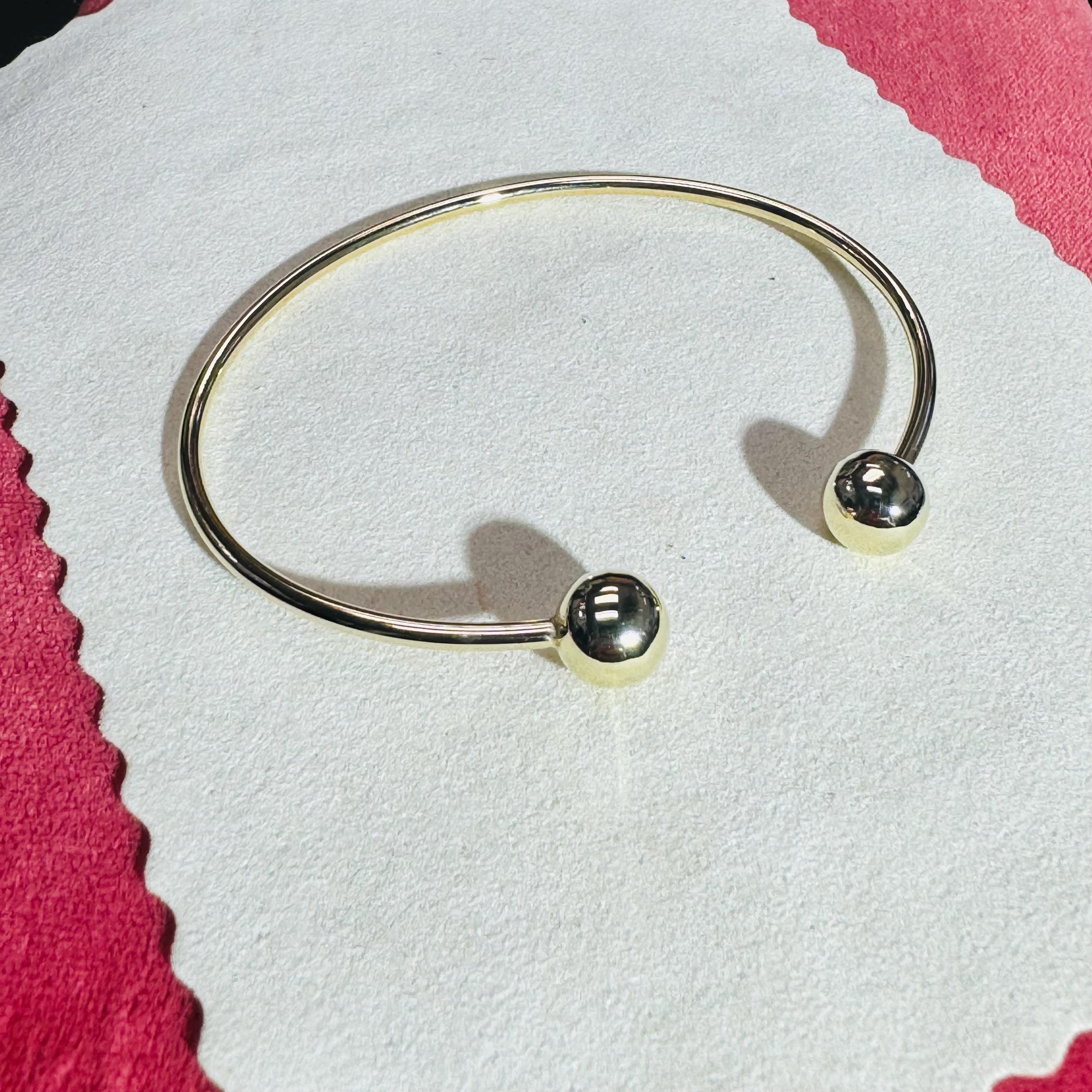 Solid 14K Yellow Gold Ball End Open Bangle Adjustable