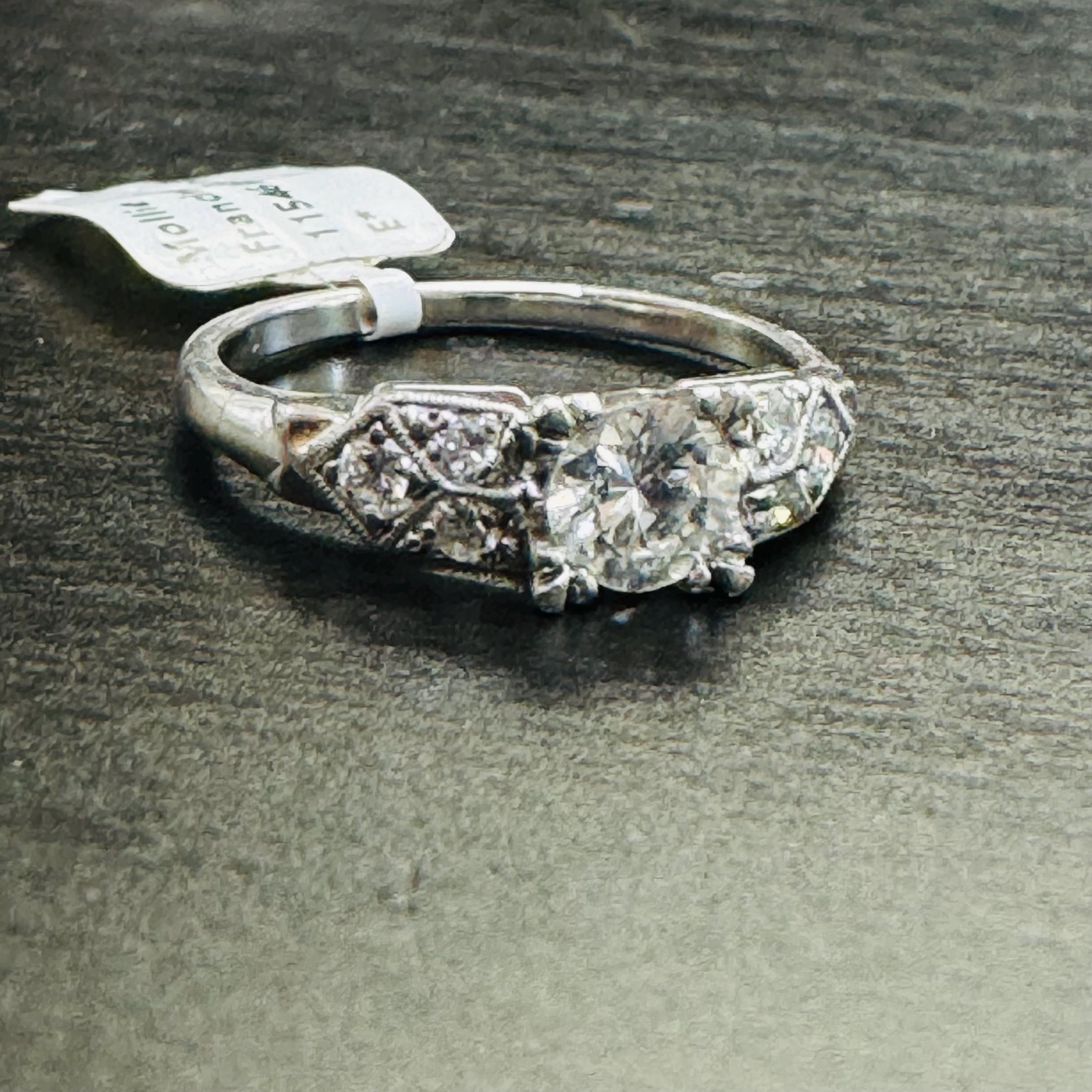 Platinum .55CTW Old European Diamond Vintage Art Deco  Engagement Ring Size 6
