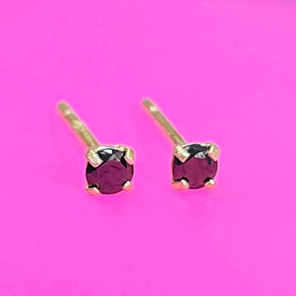 2mm Natural Black Diamond Micro Baby Stud Earrings in Solid 14K Yellow Gold