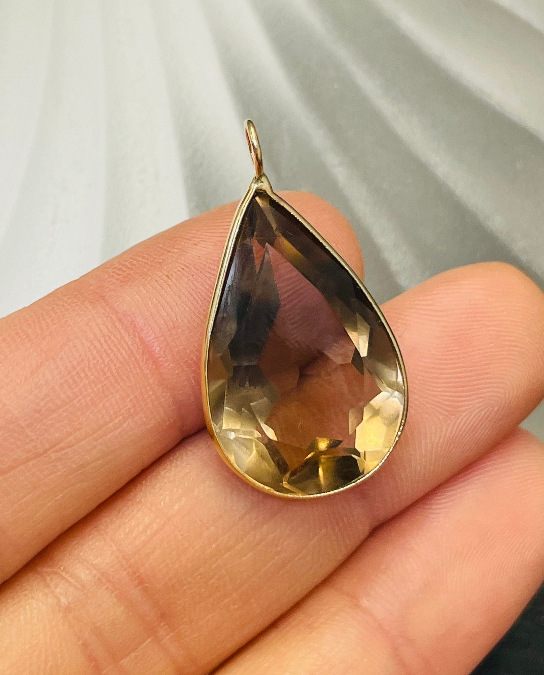 13CT Natural Smokey Brown Topaz Pear Shaped Brilliant Pendant in Solid 14K Yellow Gold