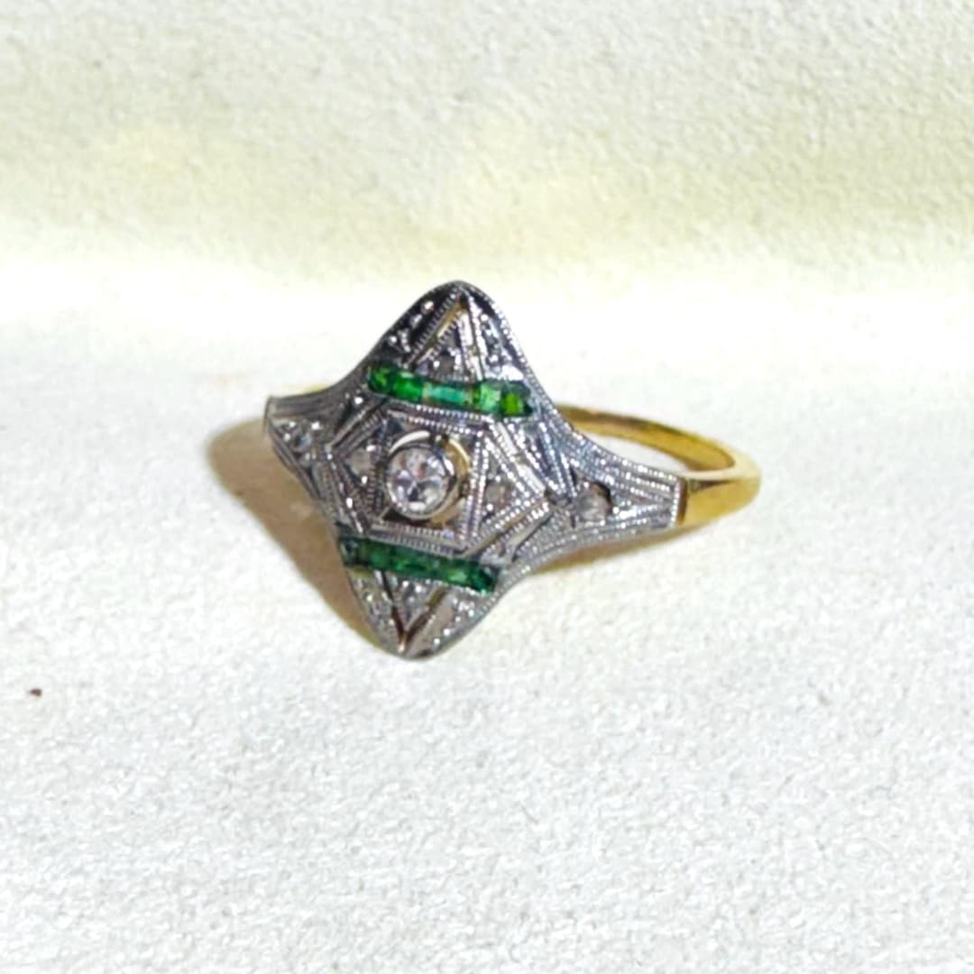 Antique Art Deco Platinum and 18K Yellow Gold Diamond and Emerald Ring ...