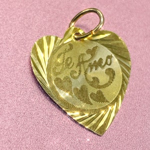 Engine Turned Solid 10K Yellow Gold I love you “ Te Amo “Charm Pendant