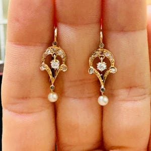 Antique Edwardian Deco Solid 18K Rose Gold Diamond and Pearl Drop Earrings with French Leverback Hooks