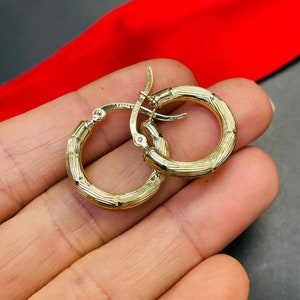 Solid 10K Yellow Gold .75 15mm Wide Bamboo Patterned Thick Hoop Earrings