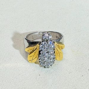 14K White and Yellow Gold Diamond Encrusted Bee Ring Size 7.25