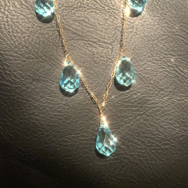 Art Deco Synthetic Blue Aquamarine Drop Briolette Necklace 16”