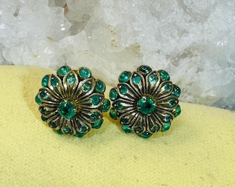 Delightful! Sterling Silver and Gold Vermeil Antique Green  Onyx Earrings