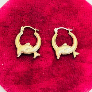 Solid 10K Yellow Gold Dolphins Hoop Earrings