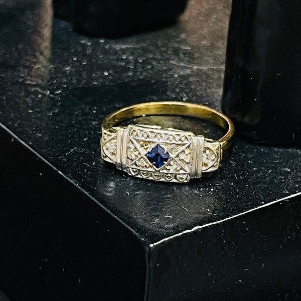 Antiker Art Deco Saphir Diamant 18K Gelbgold und Platin Ring Größe 7,5