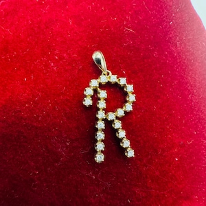 Diamond and Solid 10K Yellow Gold Initial R Pendant Charm 1&quot;