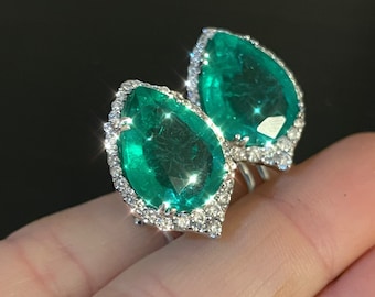 Amazing Chatham Emerald Halo Pear Shaped Omega Back Cocktail Earrings