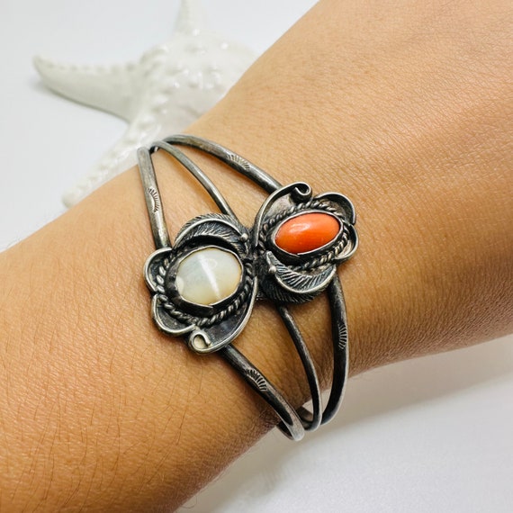 Solid Sterling Silver Cuff Bracelet Natural Stone… - image 4