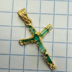 Natural Colombian Emerald 14K Yellow Gold Cross Pendant 1.1x.50&quot;