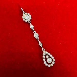 Antique Edwadian Deco 18K Gold and Platinum Seed Pearl and Old Mine Diamond Pendant Charm