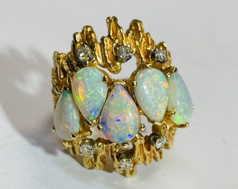 Huge! 14K Gold Brutalist Mid Century Australian Opal and Diamond Cocktail Ring Size 8
