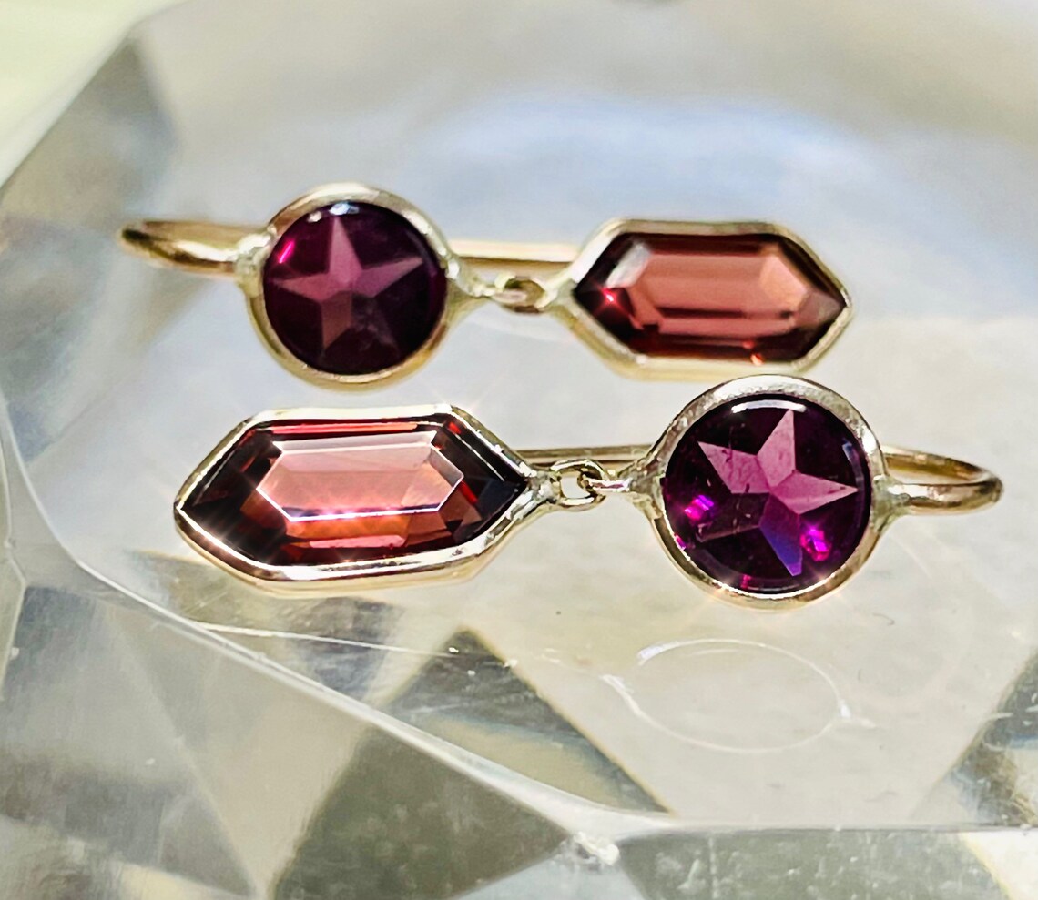 Vivid Rhodolite Purple Star and Red Hexagon Garnet Drop Earrings in ...