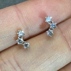 Solid 14K White Gold 3 Stone Stud Earrings