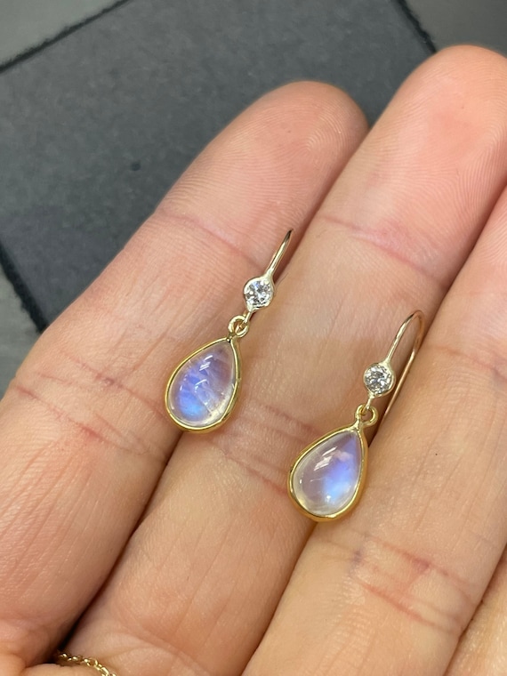 Natural Blue Moonstone and Diamond 14K Yellow Gold