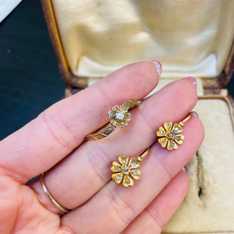 The Sweetest Antique Victorian 18K Yellow Gold and diamond Ring and Earring Set image 2