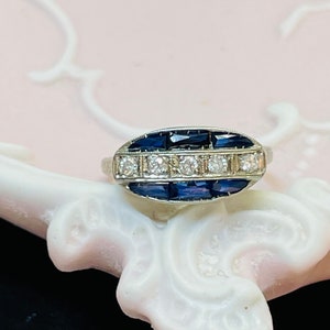 Platinum Antique Art Deco Diamond and Sapphire Ring size 3.25