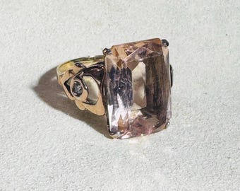 Anello antico in oro rosa 18 carati con pietra pesca e diamanti, misura 5,75