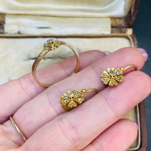 The Sweetest Antique Victorian 18K Yellow Gold and diamond Ring and Earring Set image 4