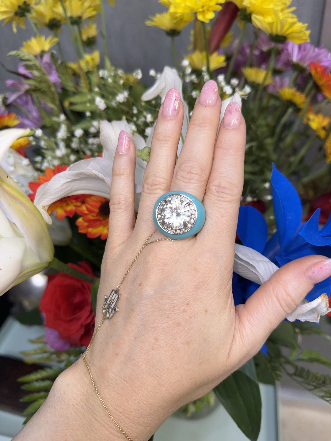 Huge! Vintage CZ Sterling Silver Enamel Ring Size 7 - Etsy