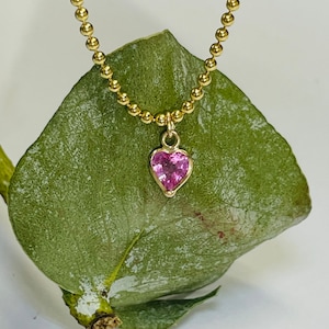 Natural .65CT Pink Sapphire Heart Solitaire Solid 14K Yellow Gold Ball Chain Choker Necklace 12-14.5&quot;