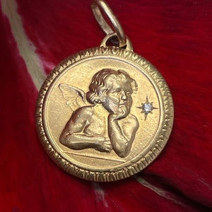 Vintage 14K Yellow Gold Raphael's Thinking Cherub Angel with Star Set Diamond Religious Medallion Pendant