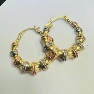 Solid 10K Rose White Yellow Gold .90&quot;  22mm Tri Tone Bamboo Hoop Earrings