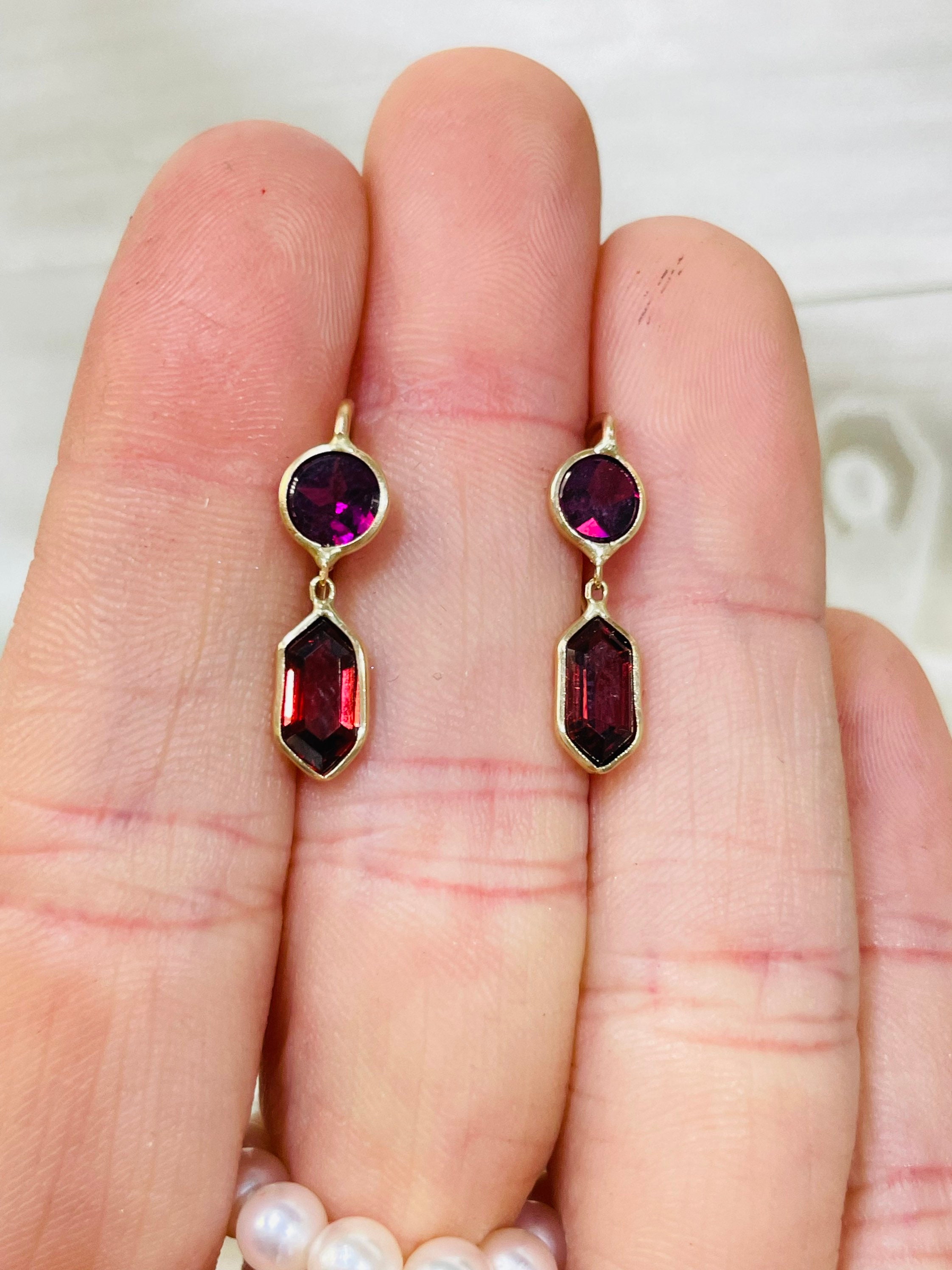 Vivid Rhodolite Purple Star and Red Hexagon Garnet Drop Earrings in ...