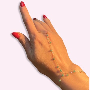 The Monique” Colombian Emerald Dangle Handchain in solid 14k Yellow Gold